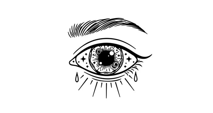Mystical eye with celestial elements and teardrops