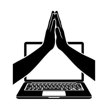Black and white vector icon of two hands pressed together in a prayer or high five gesture positioned over a laptop computer silhouette