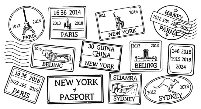 Set of travel passport stamps with various world cities and landmarks