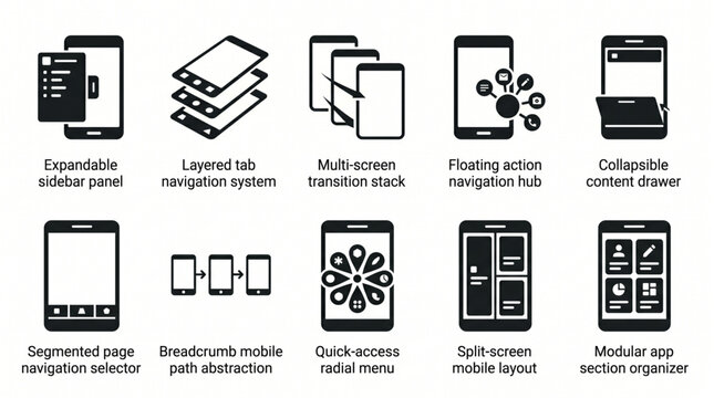 Essential collection of modern mobile app navigation patterns and user interface design elements for enhanced user experience and application development