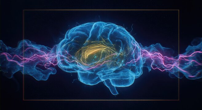 Bioluminescent human brain with electrical currents and connections