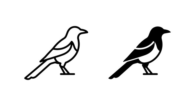 Magpie Bird Icons, Black and White Vector Silhouettes for Nature Design