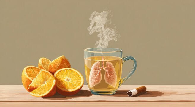 Steaming citrus drink with lung illustration and cigarette