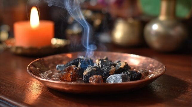 Incense resins smoldering on a copper plate with a candle