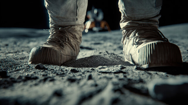 Space universe exploration, fantasy. A closeup shot of a persons feet standing on the moons surface. The person wears rugged, wornout boots with a textured sole and laces.