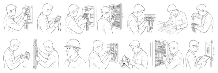 Obraz premium Electrician performing various tasks with electrical panels and wiring diagrams