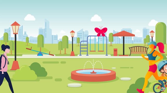 Morning activity at the garden city park, simple 2D animation.  