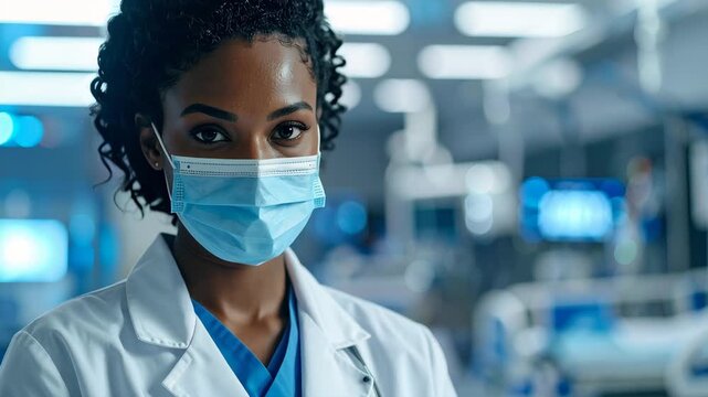 Portrait of a Medical Professional Wearing a Mask: A female medical professional, likely a doctor or nurse, with dark curly hair and a warm gaze, wears a surgical mask and a white lab coat.