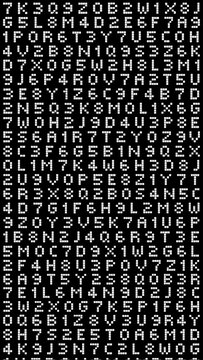 Abstract digital pattern of random alphanumeric characters on a black background
