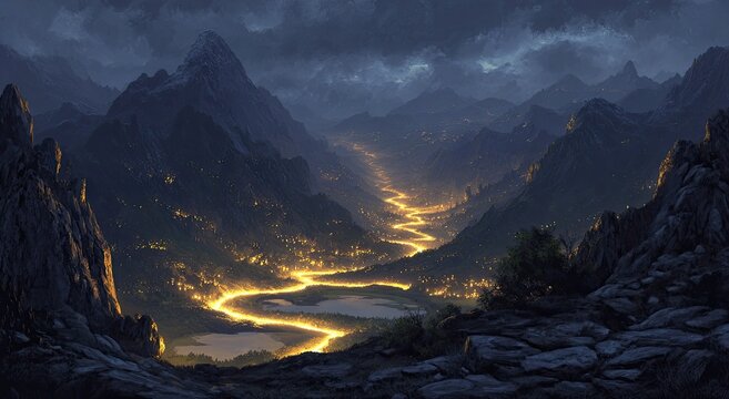 Twilight valley reveals winding golden river and distant glowing settlements