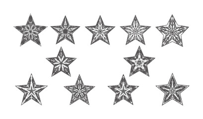 Obraz premium Ten dark grey textured five pointed stars with intricate patterns