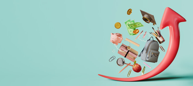 Education costs rising. School accessory with red arrow pointing up on blue background with copy space. 3D Rendering, 3D Illustration