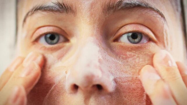 Girl gently washes her facial skin with white cleansing foam in bright bathroom. The soft foam lifts makeup and impurities, highlighting a daily skincare ritual that leaves her skin fresh and radiant