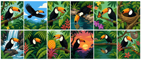 Obraz premium Vibrant toucans and jungle scenes in a playful, colorful illustration style