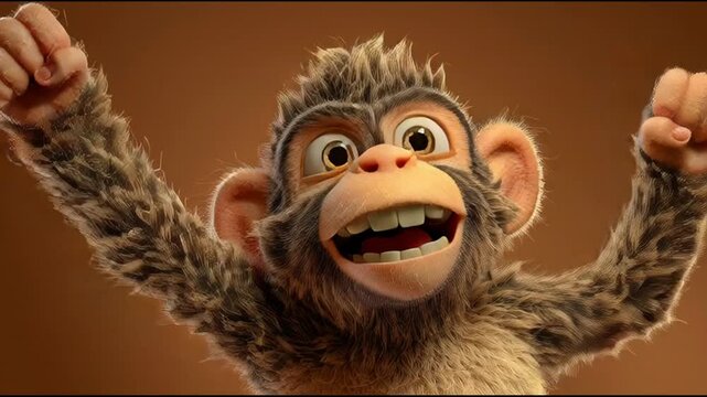 Excited cartoon monkey with arms raised in celebration, showing a joyful expression and wide smile