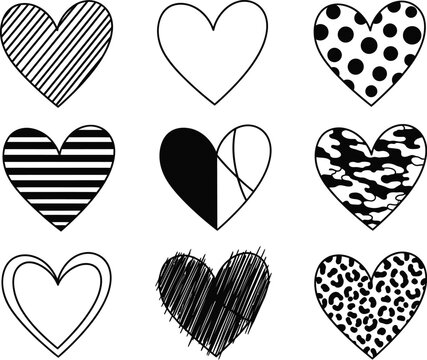 Collection of nine hand-drawn hearts with diverse patterns polka dot leopard print black and white background graphic resources illustration scribble geometric abstract creative