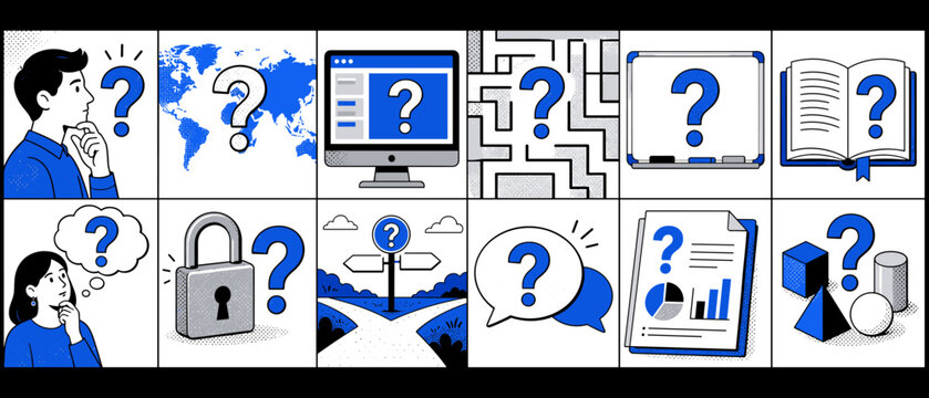 Diverse icons representing questions, challenges, and problem-solving scenarios