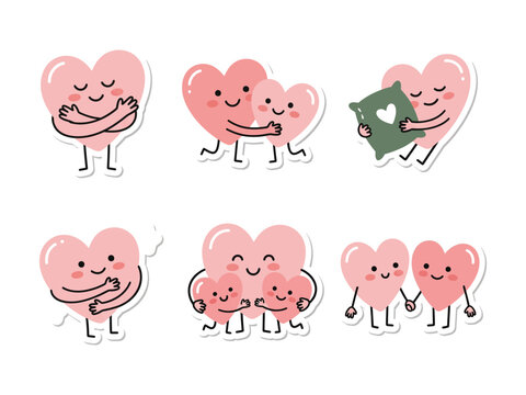 Set of cute heart characters with smiling faces and different poses and emotions  love and friendship concept