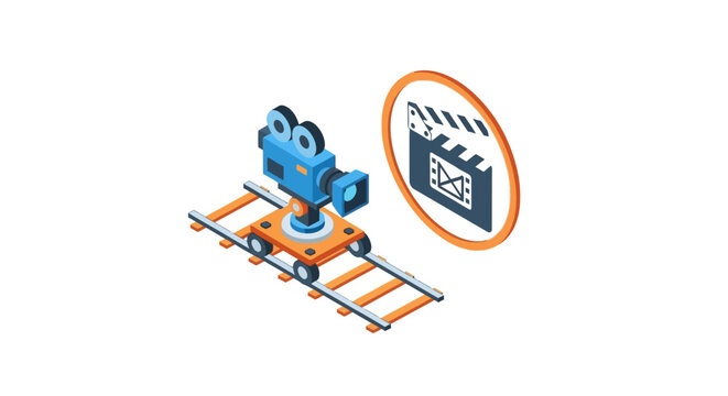 An isometric illustration of a professional film camera on a dolly track system