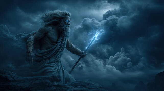 Greek mythology god Zeus. Fantasy. A dramatic portrayal of a mythical figure, likely a deity or deity, set against a stormy sky. The figure is depicted in a dynamic pose.