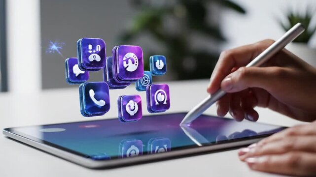 Hand using stylus on tablet to interact with 3D social media icons floating above screen