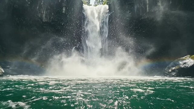 Majestic waterfall crashing into a turquoise pool with sun rays piercing through the dense jungle canopy creating a beautiful rainbow in this stunning cinematic video clip