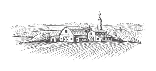 Vintage farm buildings nestled among rolling fields and trees barn rural landscape © Mehedi