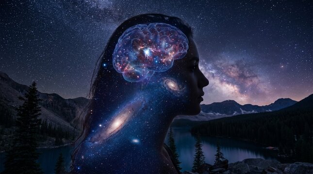 Woman with galaxy inside her mind gazing at starry night sky
