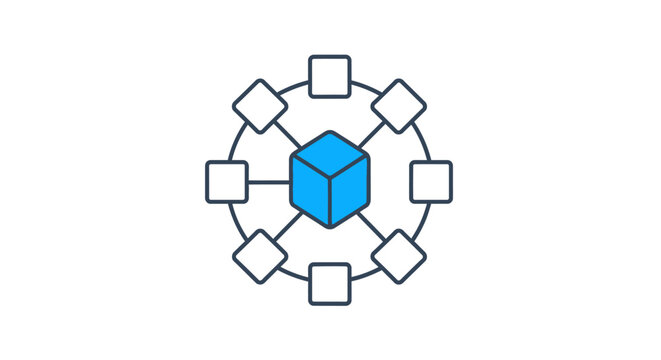 A central blue cube connected to surrounding square nodes in a circular network pattern