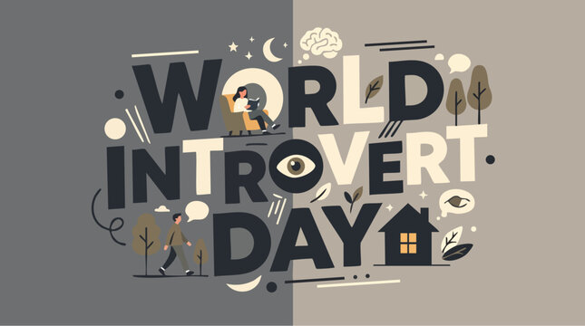 World Introvert Day celebration typography in modern minimalist style with beige and gray background for social media
