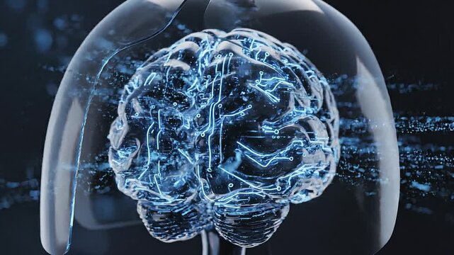 Artificial intelligence brain model with glowing blue digital circuitry circuits pulsating inside a glass dome as data streams flow through the surrounding dark digital network environment