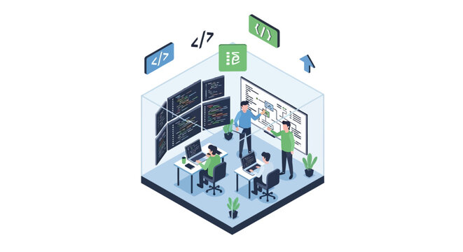 A team of software developers working together in a modern isometric office space