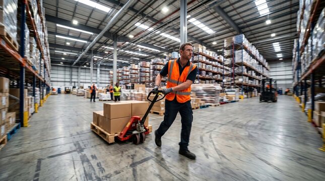 Warehouse Worker Moving Boxes with Pallet Jack
