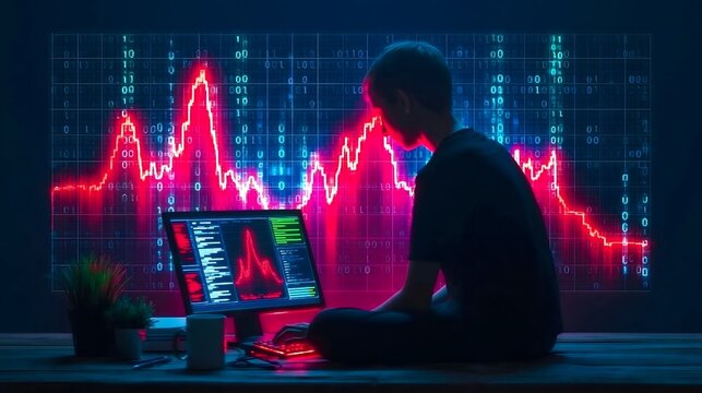 Person at laptop monitoring stock market chart with neon red cyan glowing visualization and binary code grid data analysis theme.