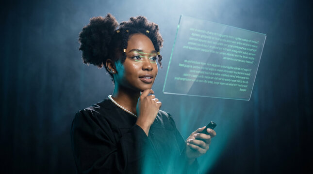 Young black woman reading speech from holographic teleprompter glass