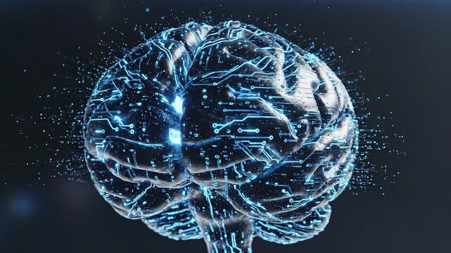 Digital human brain glowing with intricate blue circuit board patterns pulsing with data flow in a seamless motion loop for advanced artificial intelligence technology concept video