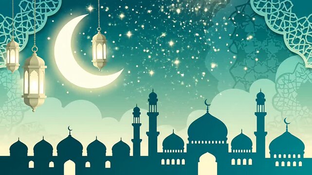 Islamic architecture and night sky with crescent moon and lanterns
