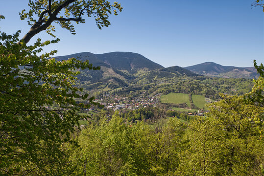 View from Medvedi skala viewpoint above Ostravice village in Czech republic