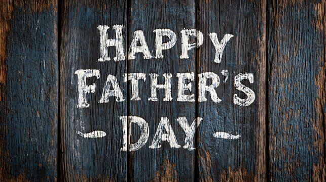 Happy fathers day message painted in white letters on a rustic dark wooden board surface