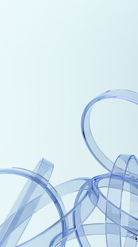 Abstract transparent blue glass ribbons on soft pastel background, minimal futuristic 3D render vertical wallpaper with copy space.  Futuristic translucent shapes create elegant fluid motion. 