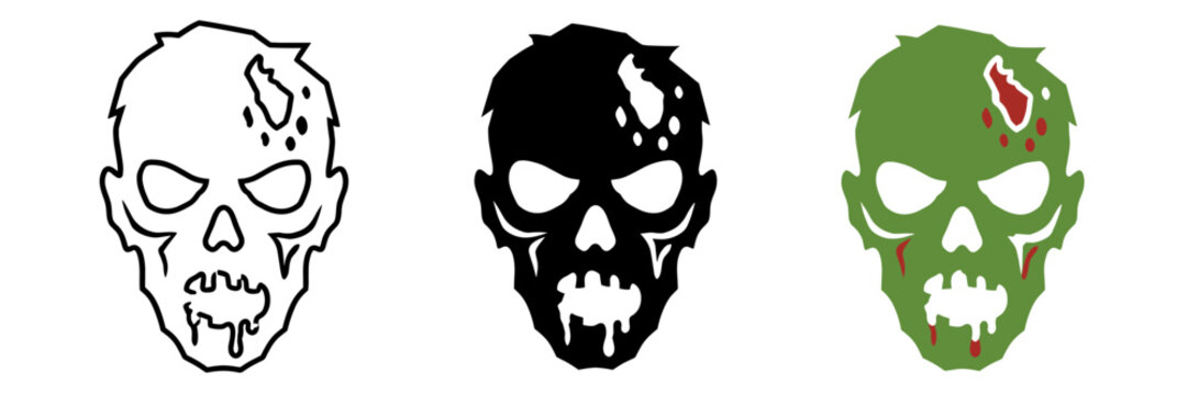 Three stylized zombie heads in outline, silhouette, and color