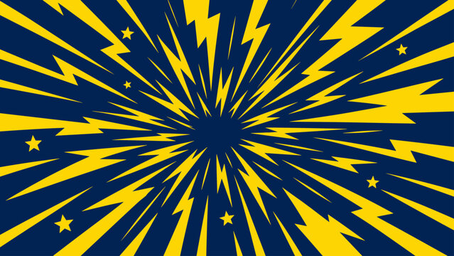 Explosion of yellow lightning bolts and stars on a dark blue background