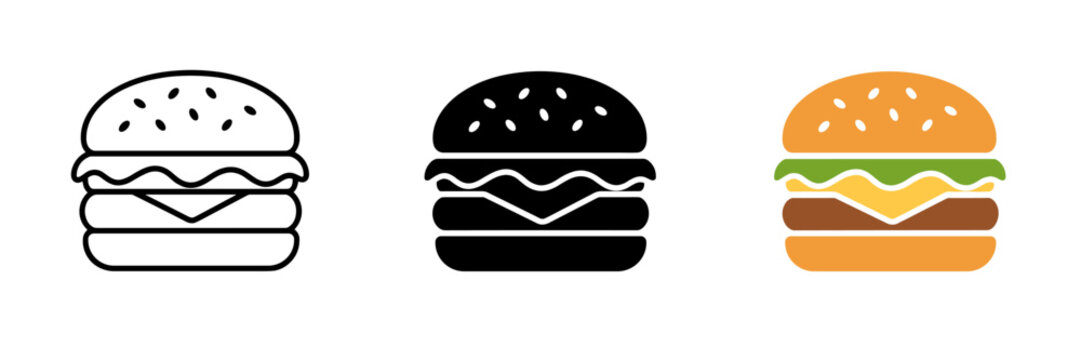 Set of three hamburger icons in different styles: outline, solid black, and colorful
