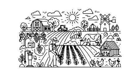 Obraz premium Farm landscape with farmer, barn, windmill, crops, and animals