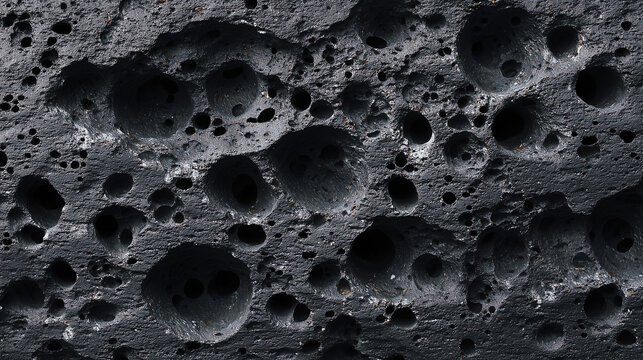Full frame macro of dark grey vesicular basalt rock pocked with deep gas bubble holes