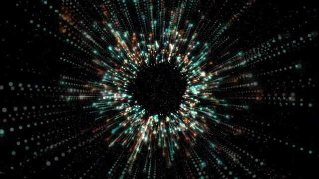 Abstract particles tunnel expansion with teal and orange light streaks on a black background, cosmic explosion motion graphic loop.