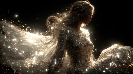 Naklejka premium Fantasy wallpaper. A digital artwork depicts a woman in a side profile, her flowing hair cascading down her back. She wears a shimmering, golden dress that reflects light, creating a magical effect.