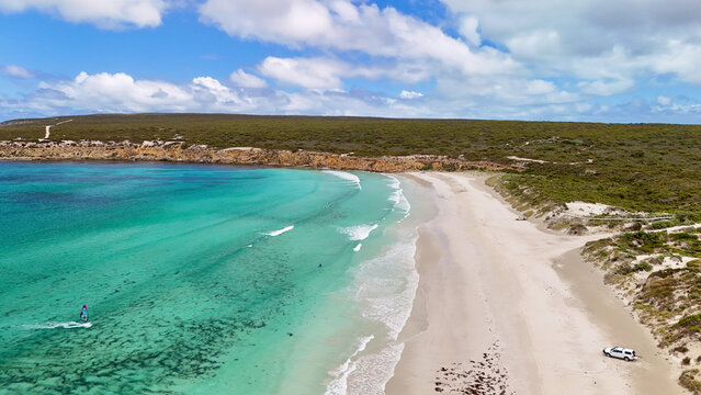 Fishery Bay, Sleaford, South Australia &ndash; 4K Aerial Drone View of Turquoise Waters, White Sand Beach and Rugged Eyre Peninsula Coastline in Lincoln National Park. 