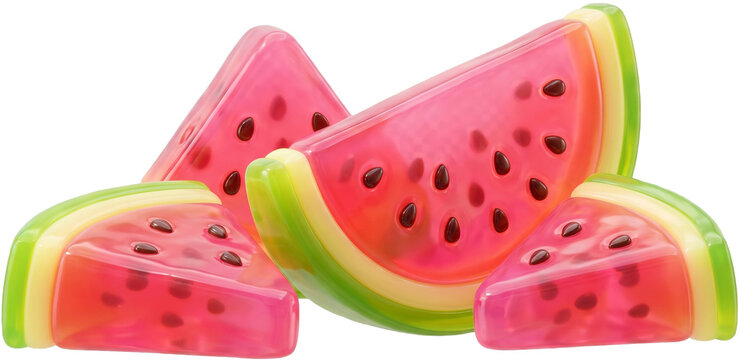 여름 이벤트 팝업용 3D 수박 조각 세트 일러스트, 귀여운 과일 젤리 오브젝트 소스 (3D Watermelon slices set illustration)