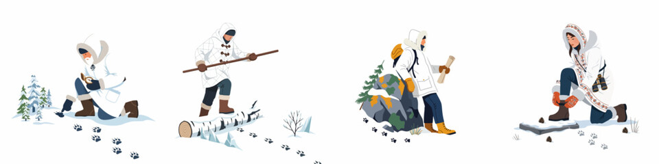 Vector Illustration Set of Arctic Explorers and Hikers Tracking Animals and Navigating Through a Snowy Winter Landscape © Aldi